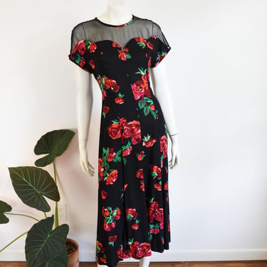 90s Rose Print Dress - L 