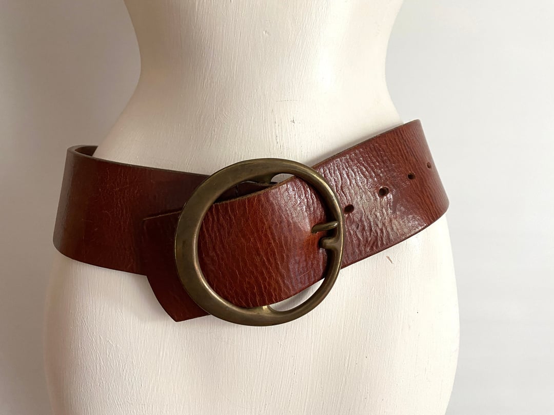 Vintage Leather Belt With Brass Buckle, 1970s Brown Leather Belt