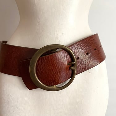 Vintage 70s Leather Belt with Heavy Solid Brass Buckle | Hippie Boho 