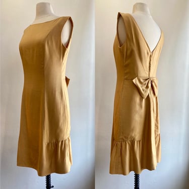 Vintage 60's Party Dress / Gold SILK Cocktail Dress / Big Back BOW + Bottom Ruffle / Lined / Emma DOMB 