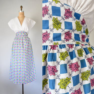Miriam cotton 1950s dress, novelty print 50s large cotton maxi dress, plus size vintage floral dress, high waist apron dress 
