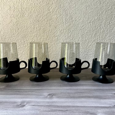 Vintage Mod Coffee Mugs, Corning Snap-Glas, Mid Century Black, Hot Cold, Set of Four 1970s 