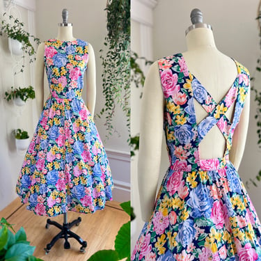 Vintage 1980s Sundress | 80s Open Back Criss Cross Floral Printed Cotton Fit and Flare Midi Tea Day Dress (small) 