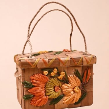 Natural Woven Palm Box Purse with Raffia Flowers