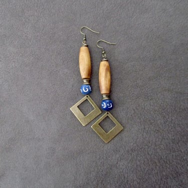Long wooden earrings, Afrocentric African earrings, bold statement earrings, geometric earrings, rustic natural earrings, blue clay earring 