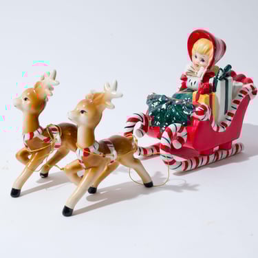 Vintage Christmas Figurine Set, Girl in Sleigh with Two Reindeer, Lefton, 1950s, AS IS 