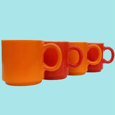 Vintage Milk Glass Mugs Retro 1960s Mid Century Modern + Hazel Atlas + Orange and Red + Set of 4 + Coffee or Tea + Drinkware + MCM Kitchen 