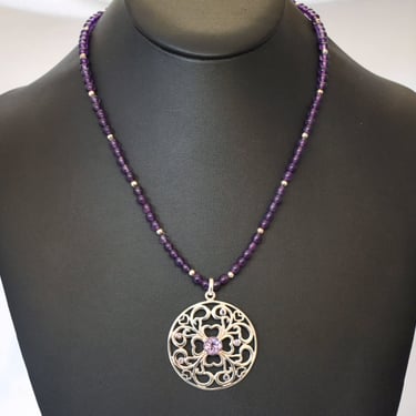 Vintage David Sigal 925 silver amethyst affixed shamrock hearts pendant, C A beaded sterling necklace 