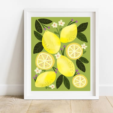 Lemons With Lemon Slices and Blooms Art Print/ 8 X 10 Citrus Fruit Illustration/ Still Life Kitchen Decor 