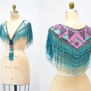 90s Vintage Beaded Sequin Fringe Shawl Turquoise Western Wrap  Cowgirl Rodeo Beaded Wrap Vintage Sharmark Las Vegas Showgirl 