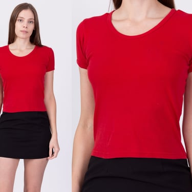 Vintage Red Ribbed Cropped Tee - Extra Small | 90s Y2K Soffe Scoop Neck Combed Cotton Crop Top 