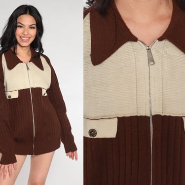 Brown Cardigan Sweater 70s Knit Sweater Retro Zip Up Sweater Preppy Grandpa Sweater Collared Acrylic Beige Tonal Vintage 1970s Medium 
