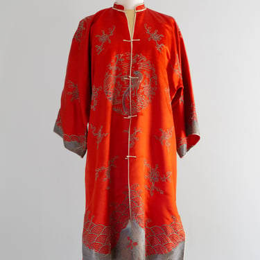 Exquisite Antique Chinese Tomato Red Silk Embroidered Robe / OSFM