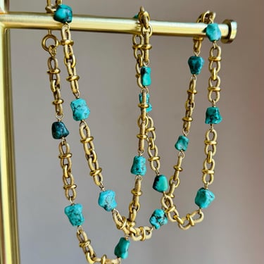 Vintage Nicolis Cola 18K Gold Turquoise Nugget Chain Necklace 1970s Italy 28.75” 