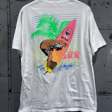 Size Large Panama Jack brand surf company surfing 1980s graphic t shirt white neon graphic 