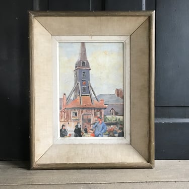 French Oil Painting, Original Wood Linen Frame, Market Scene, Signed, French Farmhouse 