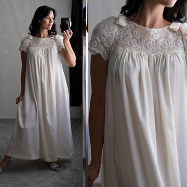 Vintage 70s Lily of France Champagne Cream Nightgown w/ Baroque Lace Shoulder & Bows | Boudoir Negligee, Romantic | 1970s Designer Nightie 