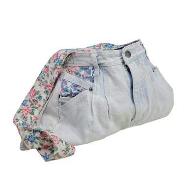 Vintage 80s Jean Shorts Unique Purse Bag hand made floral light wash bag pants 