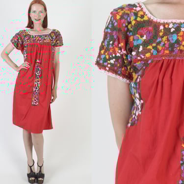 Red Cotton Oaxacan Dress, Rainbow Hand Embroidery, Mexican Dia De Los Muertos Kaftan 