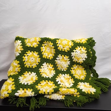 Vintage 70s Hexagon Crochet Afghan Blanket 