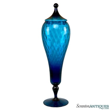 Mid-Century Italian Empoli Blue Art Glass Lidded Apothecary Jar Compote
