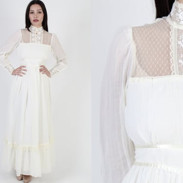 70s Gunne Sax Long Tiered Boho Wedding Dress / Vintage 1970s Romantic Prairie Dress / High Neck Cottagecore Ivory Voile Maxi 