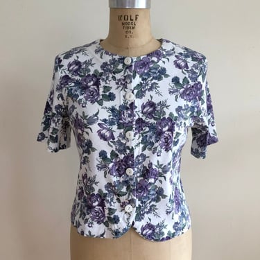 Purple and White Floral Print Top - 1980s 
