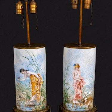 Prevost French Cylindrical Porcelain Lamps, Pair