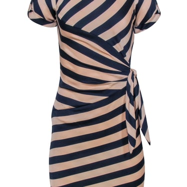 Diane von Furstenberg - Beige & Navy Blue Stripe Dress w/ Side Ruche Sz 0