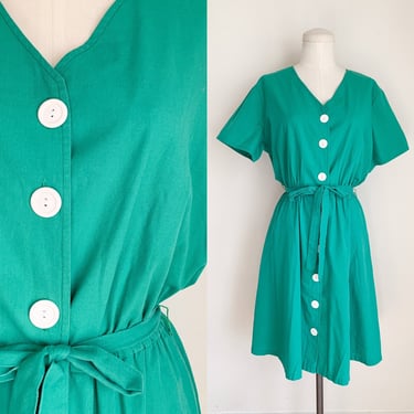 Vintage 1980s Kelly Green Shirt Dress / M 