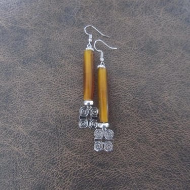 Silver adinkra symbol Afrocentric African earrings, orange bone primitive exotic earrings, strength dwennimmen 