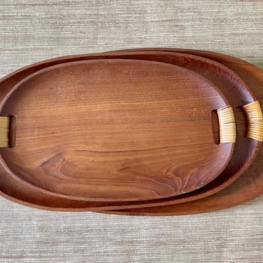 Vintage Wood Trays - Oval Wood Serving Trays with Woven Handles - Set of 3 - Large Wood Serving Trays 