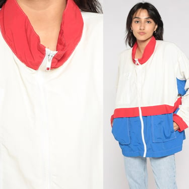 Color Block Jacket 80s Red White Blue Windbreaker Striped Zip Up Warmup Track Jacket Retro Athleisure Sportswear Vintage 1980s Mens Large L 