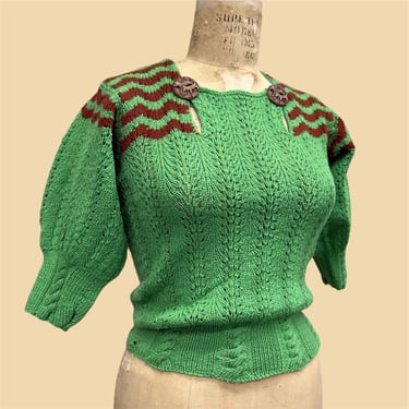 Vintage Sweater Retro 1970s Handmade + Kelly Green + Rust + Knitwear + Scottish Terrier + Wood Buttons + Puff Sleeves + Womens Apparel 