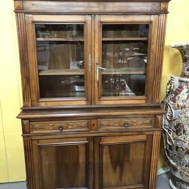 French Walnut Cabinet a Deux Corps Hutch China Cabinet w/ Glass Doors