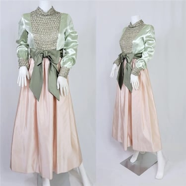 Lux 1960's Mint Green Lurex Pink Satin Silver Metallic Rhinestone Bodice Long Gown Maxi Dress I Sz Med 