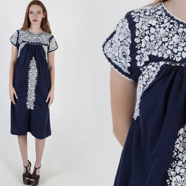 Navy Oaxacan Mini Dress / All White Hand Embroidered Dress / Made In Mexico / Vintage A Line Mexican Frida Kahlo Dress 