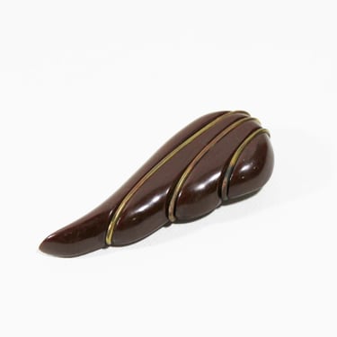 Vintage 1930s bakelite dress clip carved chocolate brown brass wing 