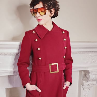 70s Burgundy Red Coat Double Breasted with Belt & Gold Buttons - M 