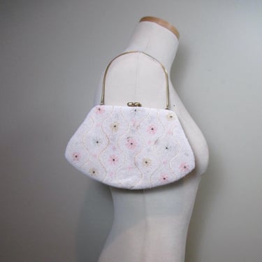 Mid Century White Floral Beaded Purse Vintage Top Handle Bag WeddingHandbag Framed Purse Special Occasion Bag Sharone Hand Made in Japan 