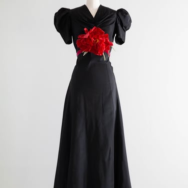 Elegant 1930's Grand Floral Evening Gown In Black Taffeta / Small