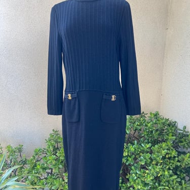Vintage St John Collection Marie Gray black knit dress pockets gold accents Sz 12. 
