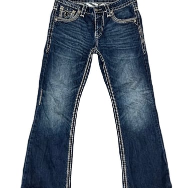 Men’s Rock Revival Bruno Blue Denim Bootcut Designer Jeans Tagged 33
