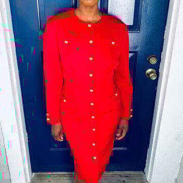 80s Vintage Carmen Marc Valvo Red Wool Sheath Dress, Womens Vintage Dresses, Carmen Marc Valvo Dress, Vintage Womens Formal Wear 