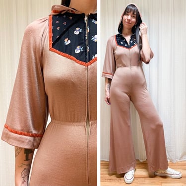 70s Taupe patchwork floral hooded jumpsuit 