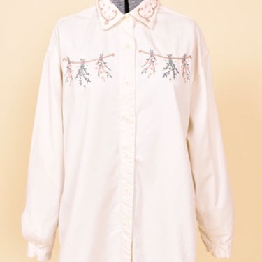White Herb Embroidery Button Up By Northern Treasures, L