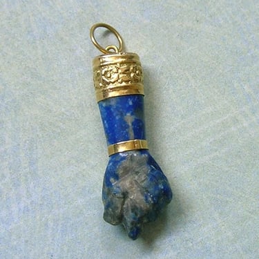 18K Gold and Lapis Figa Pendant Charm, 18K Mano Figa Pendant, Hand Amulet Talisman Charm (#4463) 