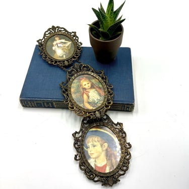 Vintage Italian Brass Picture Frames - Set of 3 - Attached with Chains Wall Hanging, Rococo, Featuring Pictures of Children 