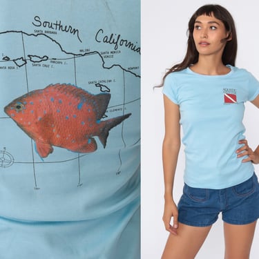 Vintage Scuba Shirt 80s Scuba Diving Shirt Orange County Aquatic Center Shirt Fish Baby Tee Retro TShirt Diver Baby Blue Small Medium 