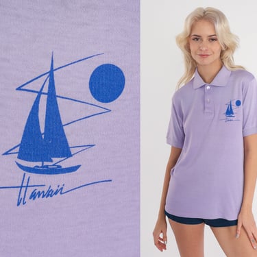 80s Hawaii Polo Shirt Lavender Sailboat Shirt Hawaiian Shirt Half Button Up Shirt Collared 1980s Nautical Purple Nerd Retro Vintage Medium 